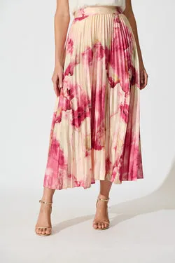 Allison Midi Pleat Skirt in Magenta Watercolour Satin