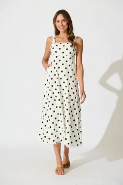 Lauella Maxi Sundress in White with Black Polka Dot Cotton Blend