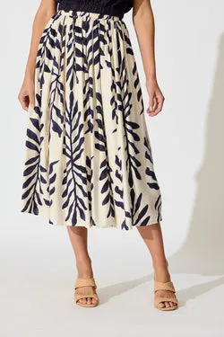 Merryn Midi Skirt in Cream with Navy Leaf Linen Blend