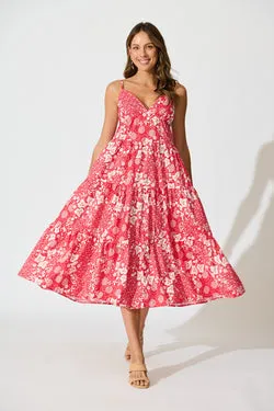 Evangelina Maxi Sundress in Red with White Floral Cotton