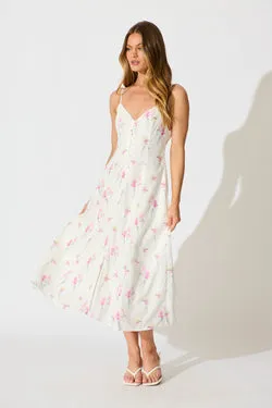 Orlaith Midi Dress in White and Pink Floral Linen Blend