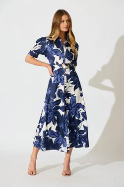 Trinity Maxi Shirt Dress in Navy Floral Satin