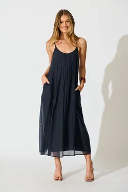 Breeze Maxi Sundress in Pleated Navy Cotton Blend