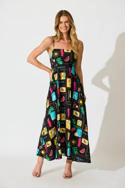 Moa Maxi Sundress in Black Multi Patchwork Linen Blend