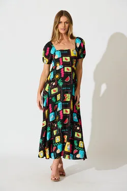 Sofie Midi Dress in Black Multi Patchwork Linen Blend