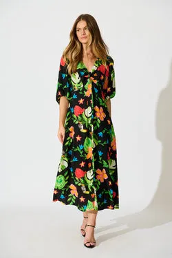 Island Tropic Maxi Dress in Black with Multi Tropical Print