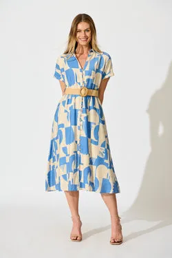 Charli Midi Shirt Dress in Blue Geometric Print with Belt