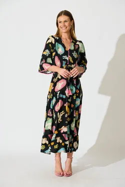 Kelsey Midi Dress in Black with Multi Print