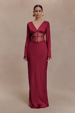 Kaya Long Sleeve Satin And Mesh Maxi Dress - Wine