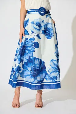 Jannie Maxi Skirt in Blue Floral Border Print Cotton