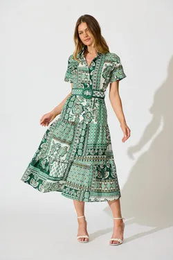 Sable Maxi Shirt Dress in Green with White Patchwork Cotton