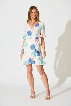 Ariane Wrap Dress In White with Multi Spot Print