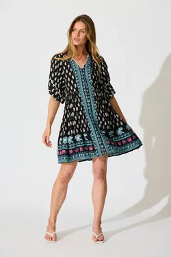 Solis Dress in Black with Multi Boho Print