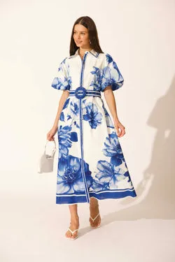 Zaraya Maxi Shirt Dress in Blue Floral Border Print Cotton