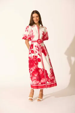 Zaraya Maxi Shirt Dress in Pink Floral Border Print Cotton