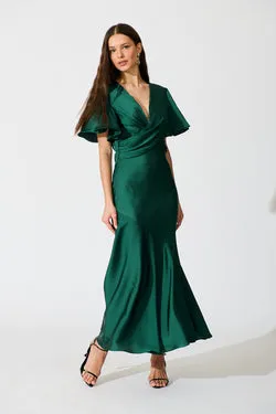 Sunset Serenade Maxi Dress in Emerald Satin