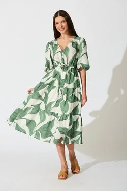 Lucie Maxi Dress in Cream with Green Leaf Linen Blend