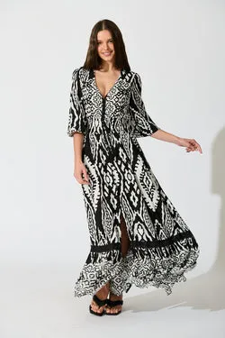 Amarie Maxi Dress in Black and White Boho Print