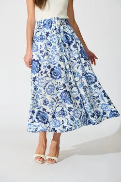 Florabel Maxi Skirt in White with Blue Floral Embroidery