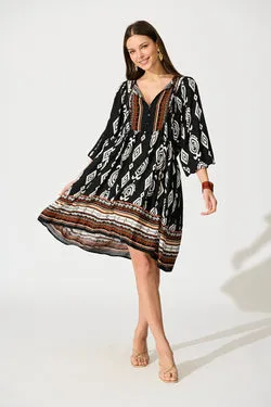 Otra Smock Dress in Black with Multi Boho Print