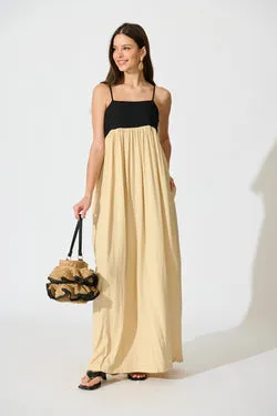 Talowe Maxi Sundress in Black and Beige Linen Blend