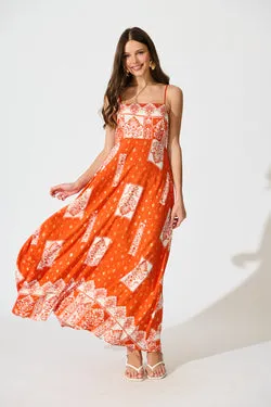 Fayda Maxi Sundress in Orange with White Tile Linen Blend