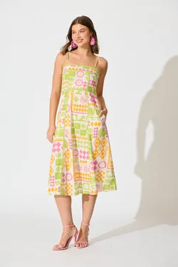 Amylee Midi Sundress in Multi Patchwork Print Cotton