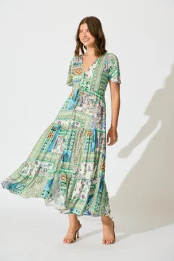 Edda Maxi Dress in Green Multi Patchwork