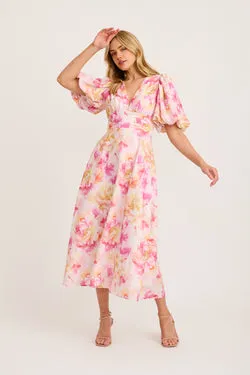 Countess Maxi Dress in Pink Floral Linen Blend