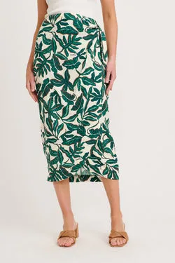 Tanis Midi Wrap Skirt in Emerald and Cream Leaf Linen Blend
