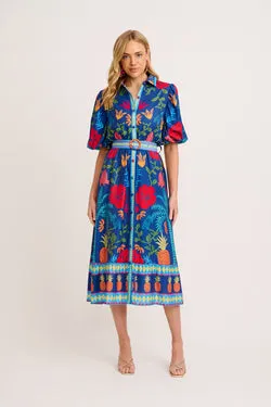 Harlyn Maxi Shirt Dress in Navy Multi Tropical Linen Blend