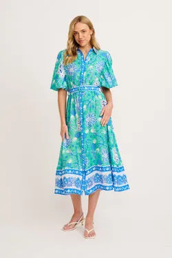 Harlyn Maxi Shirt Dress in Green with Blue Floral Linen Blend