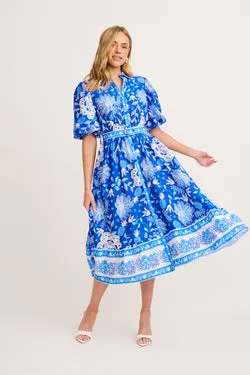Harlyn Maxi Shirt Dress in Blue with White Floral Linen Blend