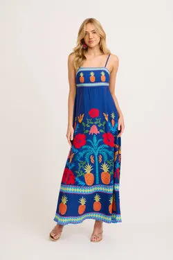 Lavara Maxi Sundress in Navy Multi Tropical Linen Blend