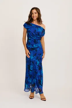 Marielle Off Shoulder Maxi Dress in Blue Watercolour Chiffon