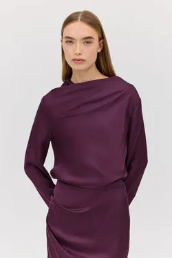 AUBERGINE SATIN CEZANNE LONG SLEEVE TOP