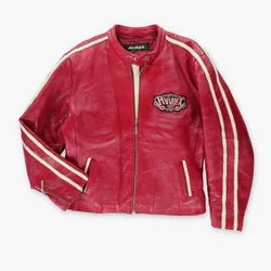 AVIREX Red & White Embroidered Patch Leather Jacket (Women's XXL)