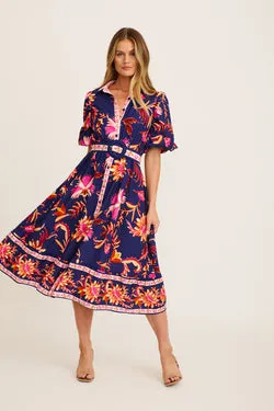 Hari Midi Shirt Dress in Navy with Pink Floral Linen Blend