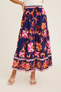 Elris Maxi Skirt in Navy with Pink Floral Linen Blend