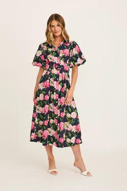 Tranquil Harmony Shirt Midi Dress in Navy with Blush Floral Cotton