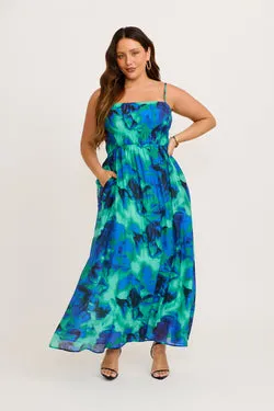 Meadow Sung Maxi Sundress in Blue and Green Watercolour Print