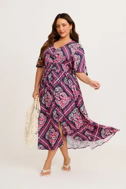 Beatrice Maxi Dress in Navy with Pink Floral Tiles Print