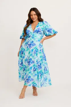 Countess Maxi Dress in Blue Floral Linen Blend