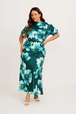 Sarita Maxi Off Shoulder Dress in Green with White Floral Satin