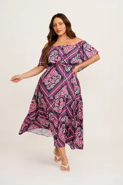Tranquility Maxi Dress in Navy with Pink Floral Tiles Print