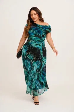Marielle Off Shoulder Maxi Dress in Green Multi Chiffon