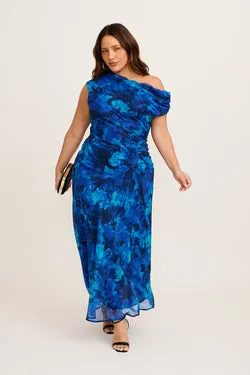 Marielle Off Shoulder Maxi Dress in Blue Watercolour Chiffon
