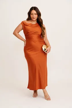 Rosé Nights One Shoulder Maxi Dress in Rust Satin