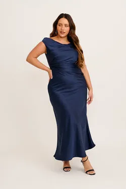Rosé Nights One Shoulder Maxi Dress in Navy Satin