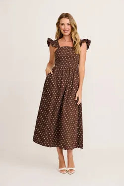 Sascha Maxi Dress in Chocolate with Cream Polka Dot Cotton